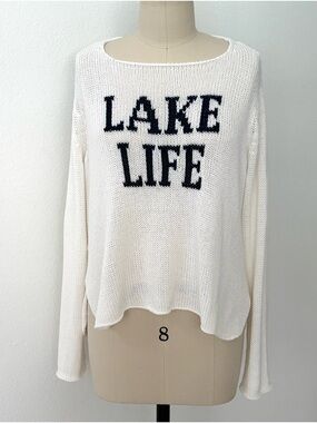 Wooden Ships Lake Life Crew Sweater White & Navy Graphic Cotton Blend M/L